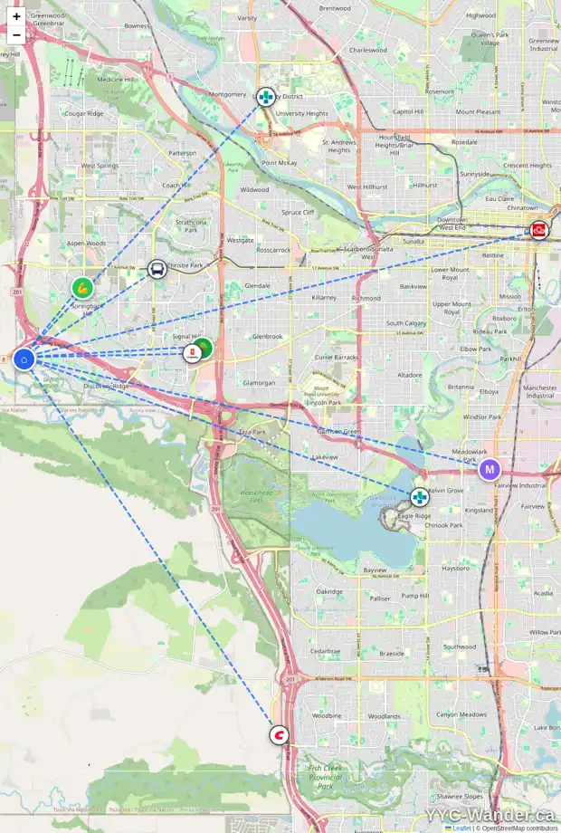 Daily accessibility map for 521 DISCOVERY RIDGE BV SW, Calgary showing nearby schools, grocery stores, parks, LRT stations and nearby amenities