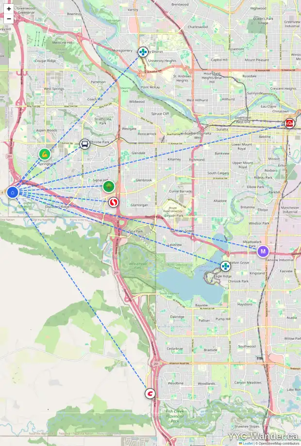Daily accessibility map for 529 DISCOVERY RIDGE BV SW, Calgary showing nearby schools, grocery stores, parks, LRT stations and nearby amenities