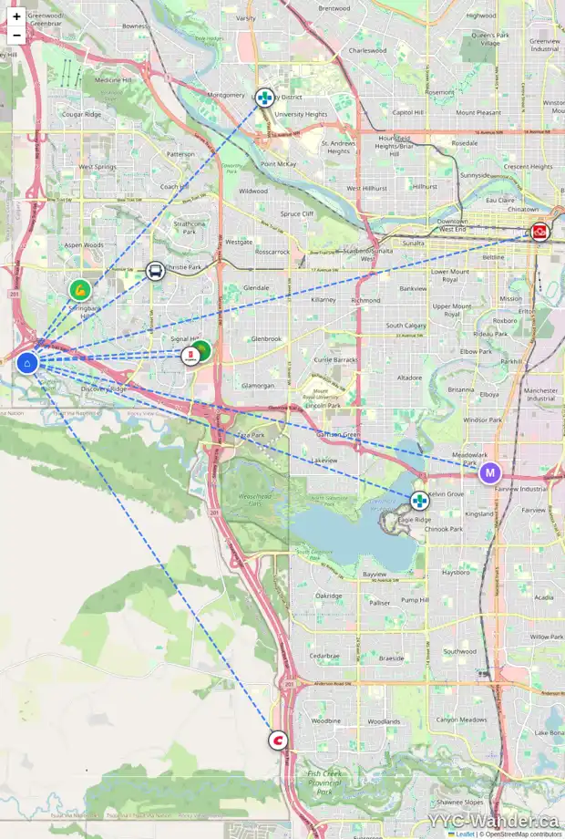 Daily accessibility map for 408 DISCOVERY RIDGE BA SW, Calgary showing nearby schools, grocery stores, parks, LRT stations and nearby amenities