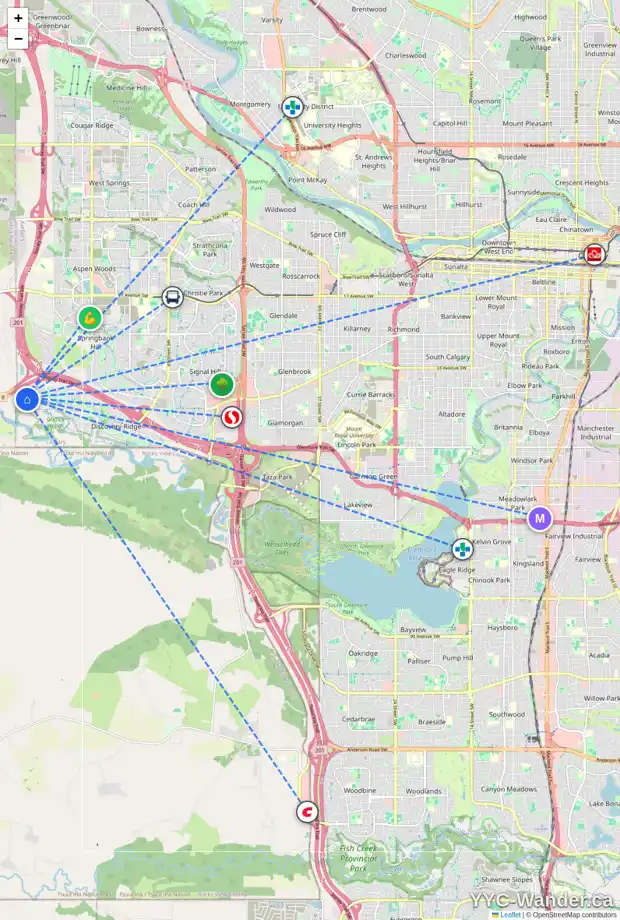 Daily accessibility map for 512 DISCOVERY RIDGE BV SW, Calgary showing nearby schools, grocery stores, parks, LRT stations and nearby amenities
