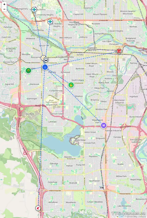 Daily accessibility map for 2028 35 ST SW, Calgary showing nearby schools, grocery stores, parks, LRT stations and nearby amenities
