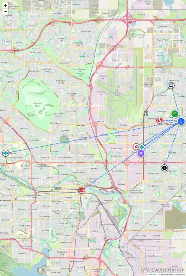 Daily accessibility map for 16 FALBURY BA NE, Calgary showing nearby schools, grocery stores, parks, LRT stations and nearby amenities