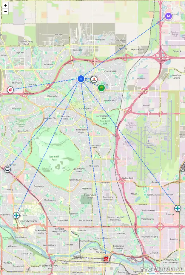 Daily accessibility map for 164 PANAMOUNT MR NW, Calgary showing nearby schools, grocery stores, parks, LRT stations and nearby amenities