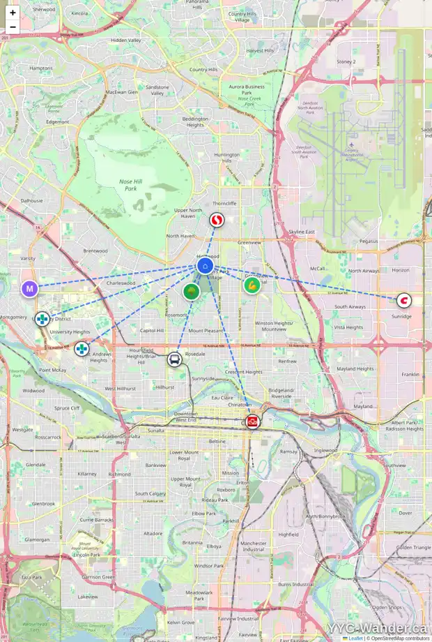 Daily accessibility map for 43 HENDON DR NW, Calgary showing nearby schools, grocery stores, parks, LRT stations and nearby amenities