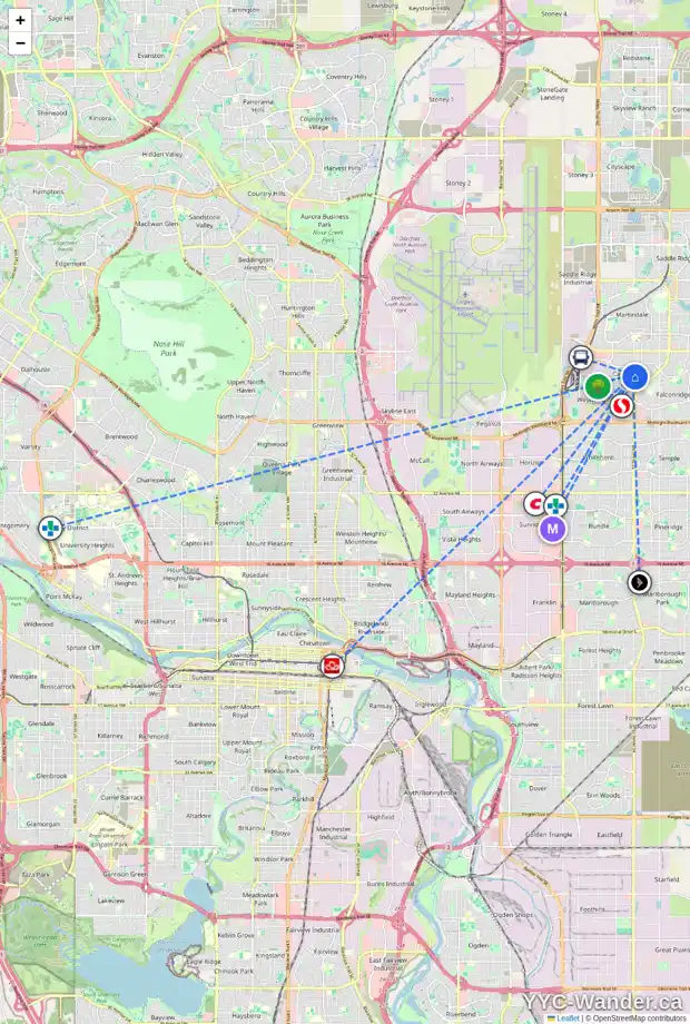 Daily accessibility map for 95 CASTLEGROVE RD NE, Calgary showing nearby schools, grocery stores, parks, LRT stations and nearby amenities