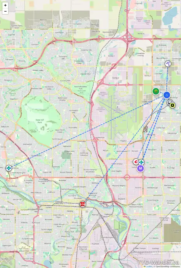 Daily accessibility map for 8474 SADDLERIDGE DR NE, Calgary showing nearby schools, grocery stores, parks, LRT stations and nearby amenities