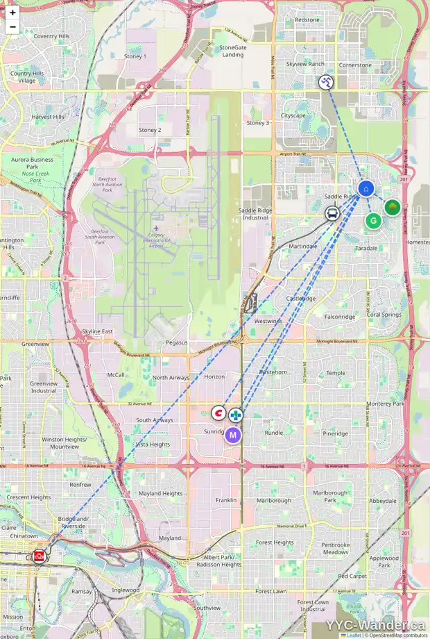 Daily accessibility map for 79 SADDLELAND CR NE, Calgary showing nearby schools, grocery stores, parks, LRT stations and nearby amenities