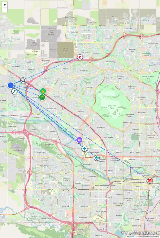 Daily accessibility map for 261 TUSCANY RIDGE HT NW, Calgary showing nearby schools, grocery stores, parks, LRT stations and nearby amenities