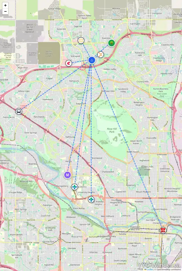 Daily accessibility map for 225 KINCORA HT NW, Calgary showing nearby schools, grocery stores, parks, LRT stations and nearby amenities
