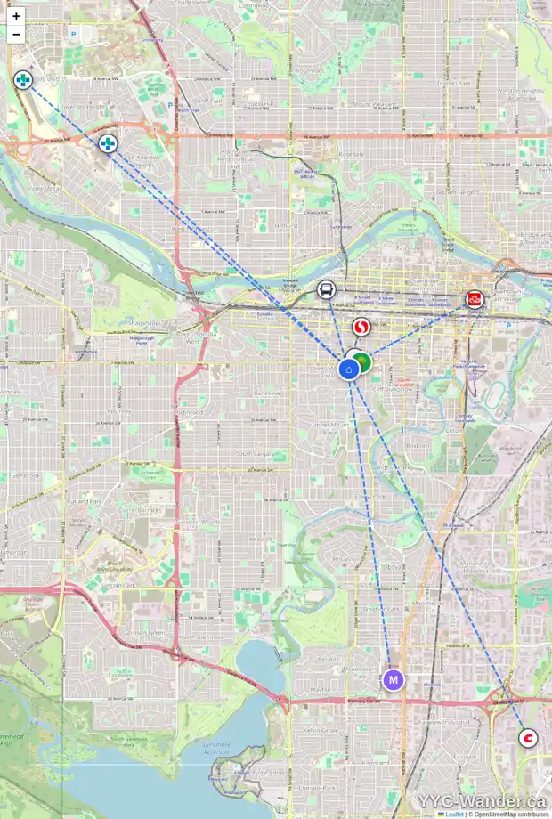 Daily accessibility map for 301 924 18 AV SW, Calgary showing nearby schools, grocery stores, parks, LRT stations and nearby amenities