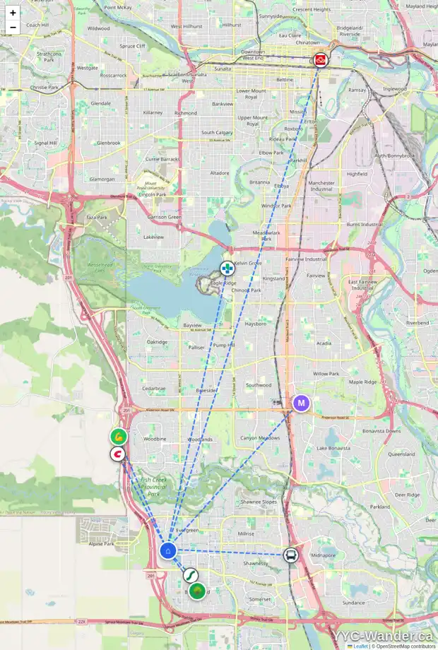 Daily accessibility map for 627 EVERRIDGE DR SW, Calgary showing nearby schools, grocery stores, parks, LRT stations and nearby amenities