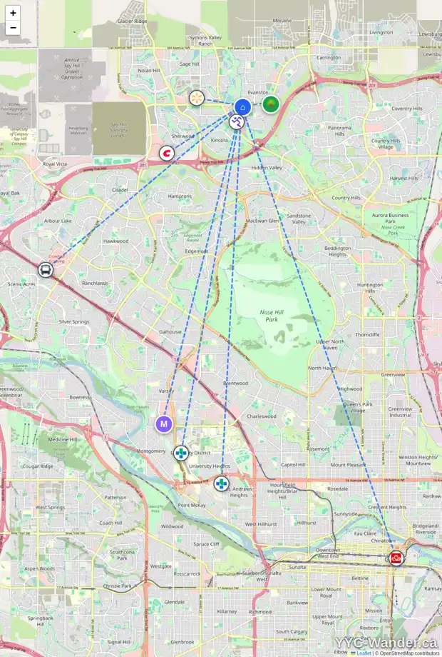 Daily accessibility map for 38 EVANSBROOKE TC NW, Calgary showing nearby schools, grocery stores, parks, LRT stations and nearby amenities