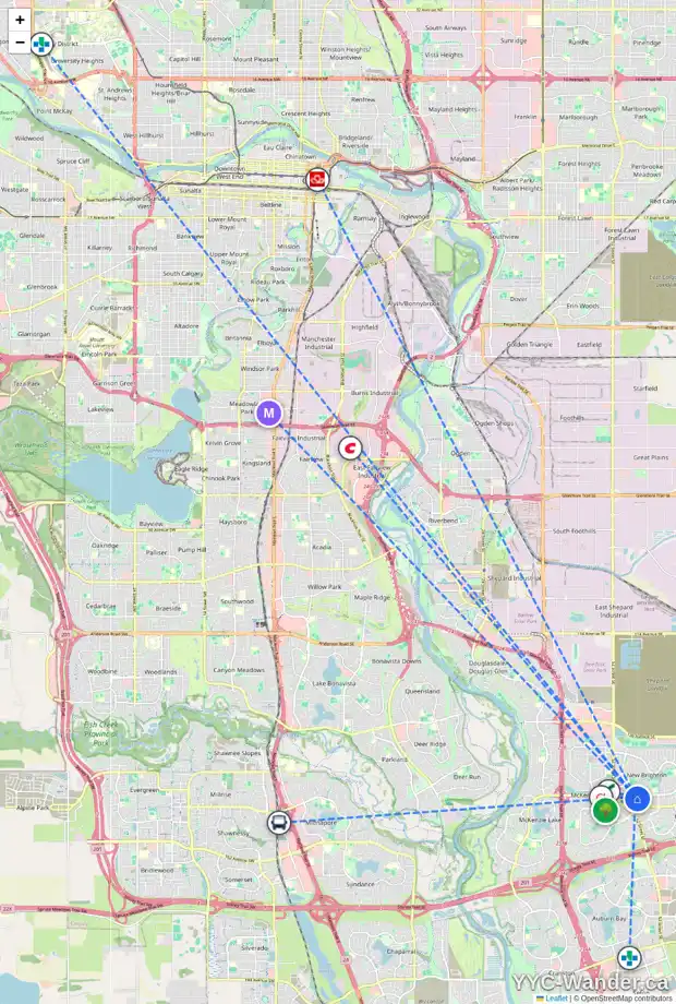 Daily accessibility map for 1900 NEW BRIGHTON DR SE, Calgary showing nearby schools, grocery stores, parks, LRT stations and nearby amenities