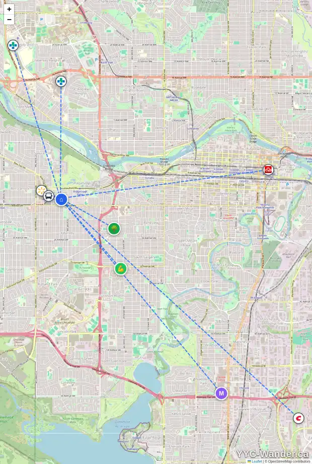 Daily accessibility map for 1706 31 ST SW, Calgary showing nearby schools, grocery stores, parks, LRT stations and nearby amenities