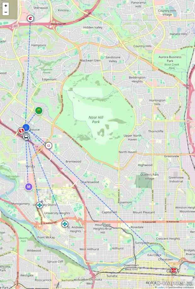 Daily accessibility map for 5124 DALHAM CR NW, Calgary showing nearby schools, grocery stores, parks, LRT stations and nearby amenities