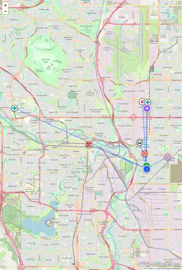 Daily accessibility map for 3056 32A ST SE, Calgary showing nearby schools, grocery stores, parks, LRT stations and nearby amenities