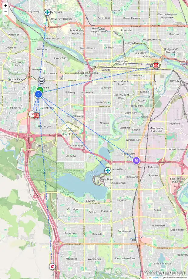 Daily accessibility map for 4916 26 AV SW, Calgary showing nearby schools, grocery stores, parks, LRT stations and nearby amenities