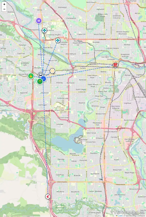 Daily accessibility map for 4 GROVE HILL PL SW, Calgary showing nearby schools, grocery stores, parks, LRT stations and nearby amenities
