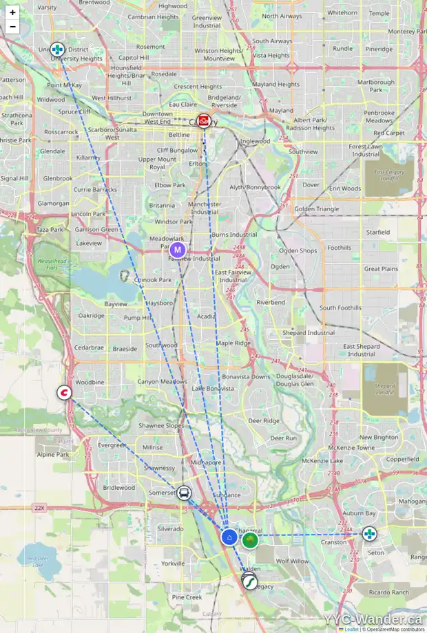 Daily accessibility map for 185 CHAPALINA CO SE, Calgary showing nearby schools, grocery stores, parks, LRT stations and nearby amenities
