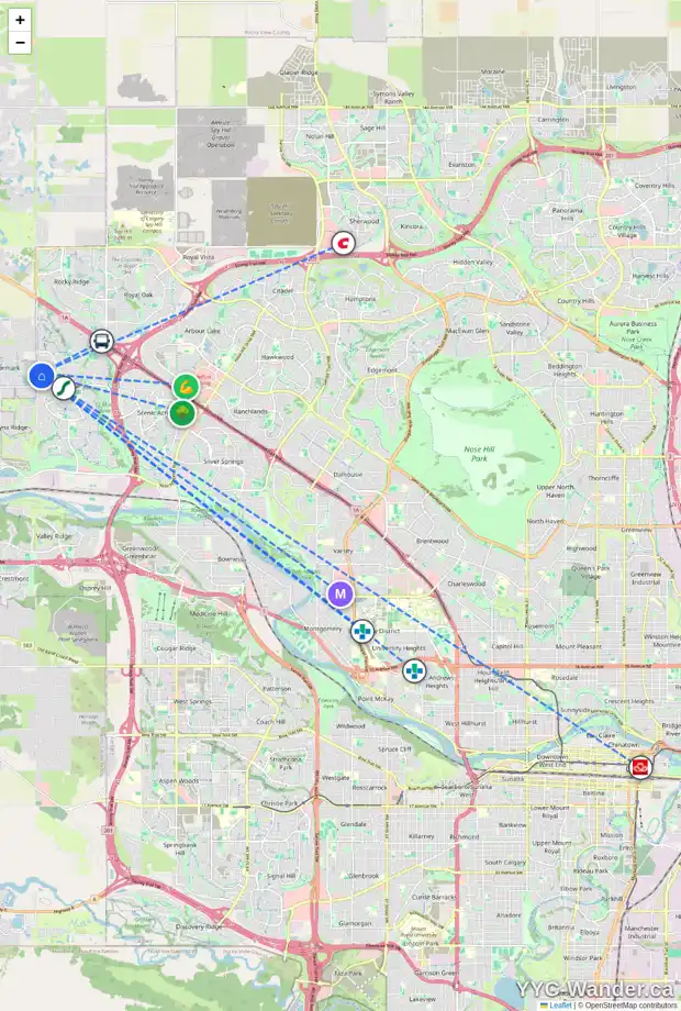 Daily accessibility map for 68 TUSCANY RIDGE CR NW, Calgary showing nearby schools, grocery stores, parks, LRT stations and nearby amenities