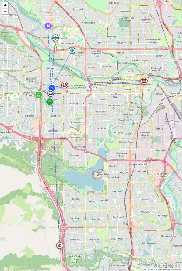 Daily accessibility map for 29 WINCHESTER CR SW, Calgary showing nearby schools, grocery stores, parks, LRT stations and nearby amenities