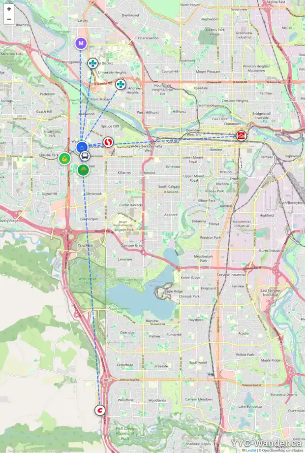 Daily accessibility map for 71 WINCHESTER CR SW, Calgary showing nearby schools, grocery stores, parks, LRT stations and nearby amenities