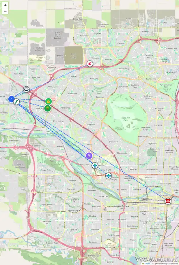 Daily accessibility map for 39 TUSCANY RIDGE CR NW, Calgary showing nearby schools, grocery stores, parks, LRT stations and nearby amenities