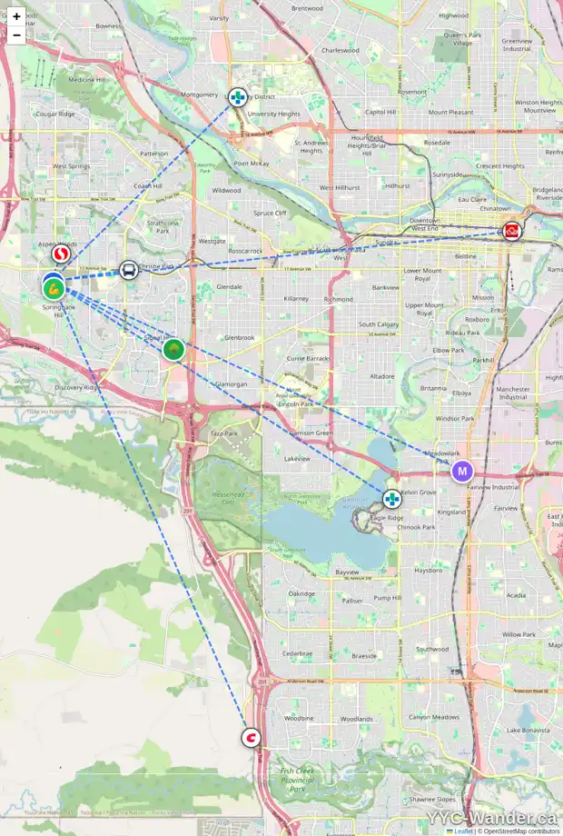 Daily accessibility map for 31 ST MORITZ BA SW, Calgary showing nearby schools, grocery stores, parks, LRT stations and nearby amenities