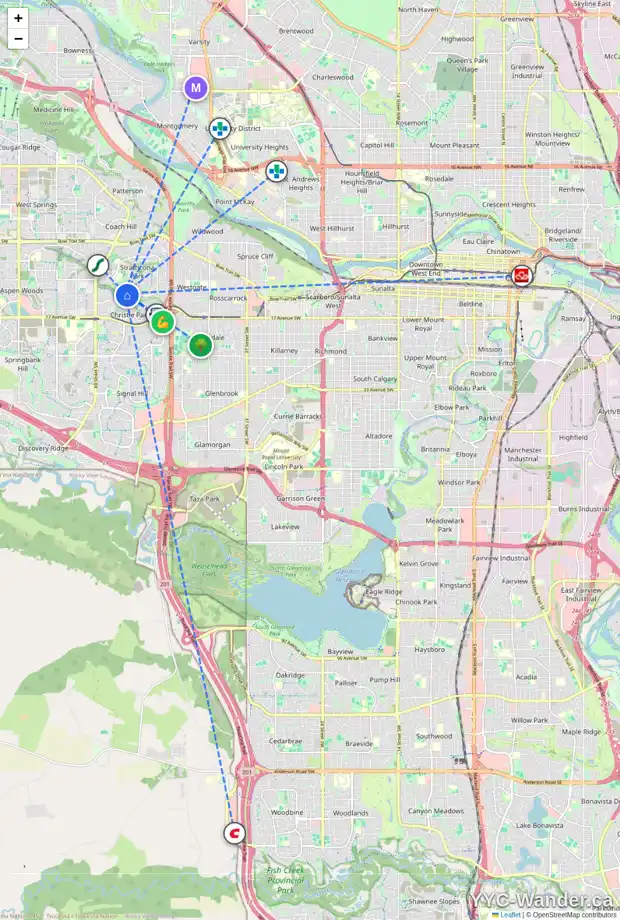 Daily accessibility map for 7 STRADBROOKE PL SW, Calgary showing nearby schools, grocery stores, parks, LRT stations and nearby amenities