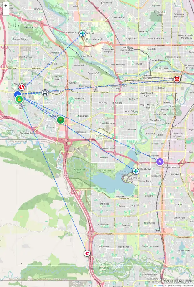 Daily accessibility map for 51 ST MORITZ TC SW, Calgary showing nearby schools, grocery stores, parks, LRT stations and nearby amenities