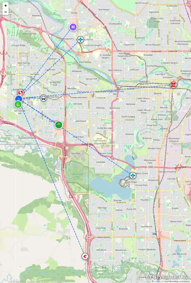 Daily accessibility map for 115 ST MORITZ TC SW, Calgary showing nearby schools, grocery stores, parks, LRT stations and nearby amenities