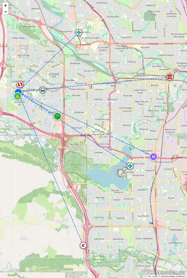 Daily accessibility map for 151 ST MORITZ TC SW, Calgary showing nearby schools, grocery stores, parks, LRT stations and nearby amenities
