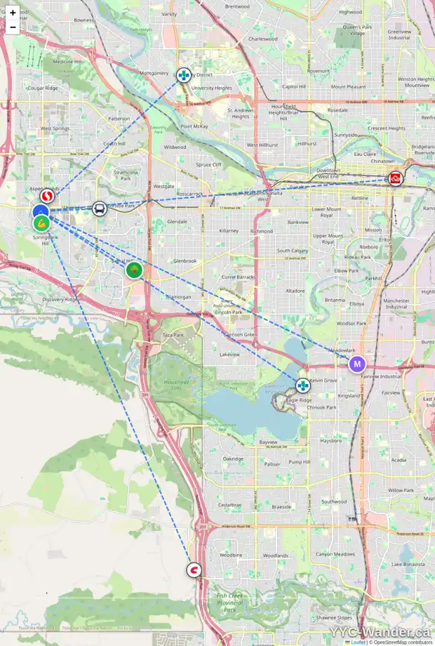 Daily accessibility map for 98 ST MORITZ TC SW, Calgary showing nearby schools, grocery stores, parks, LRT stations and nearby amenities