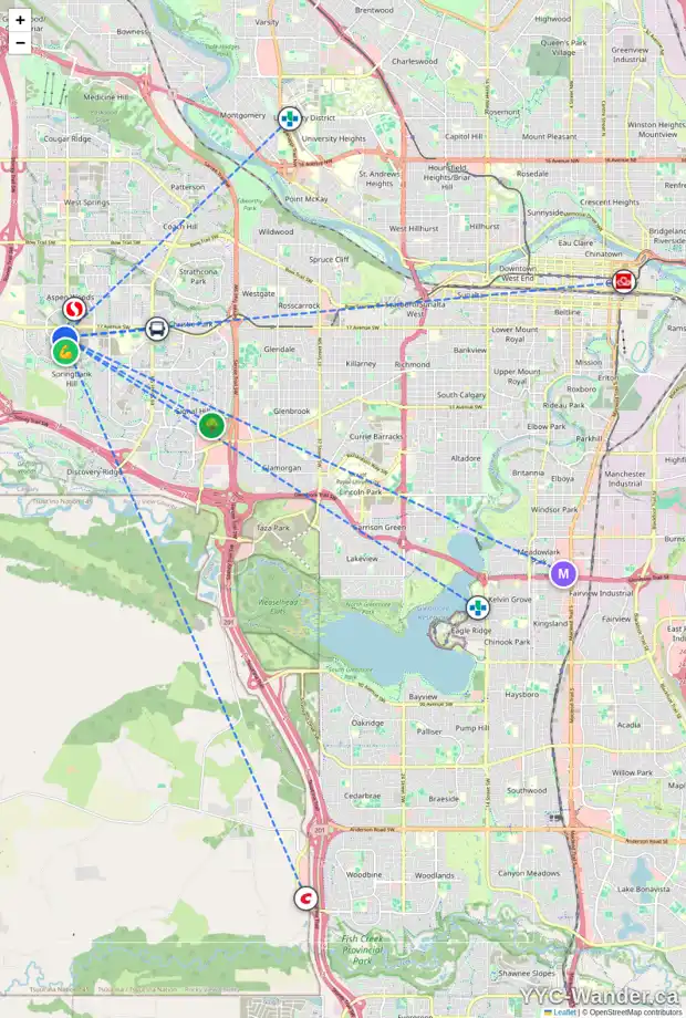 Daily accessibility map for 162 ST MORITZ TC SW, Calgary showing nearby schools, grocery stores, parks, LRT stations and nearby amenities