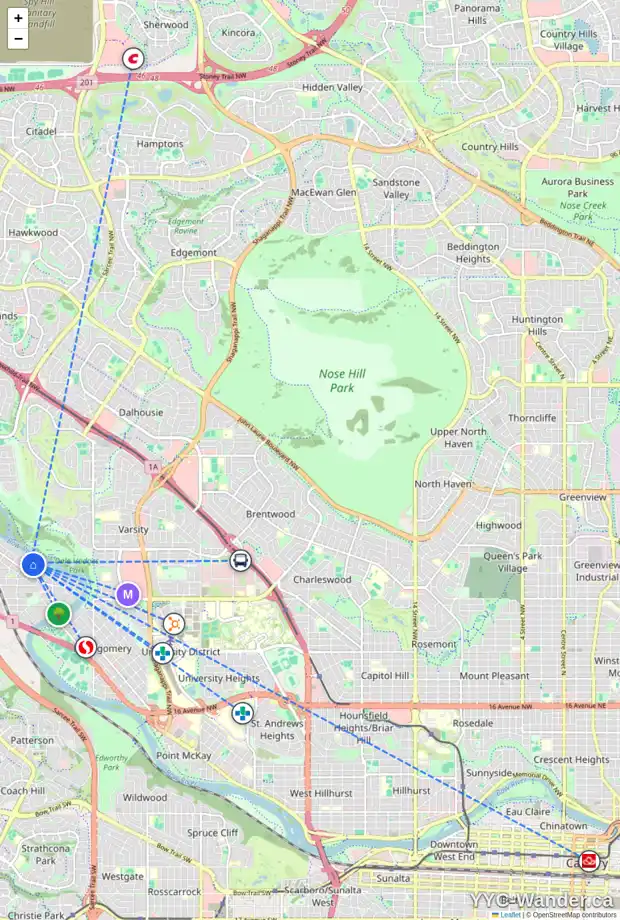 Daily accessibility map for 6318 BOW CR NW, Calgary showing nearby schools, grocery stores, parks, LRT stations and nearby amenities