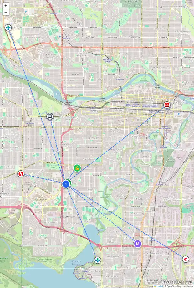 Daily accessibility map for 199 YPRES GR SW, Calgary showing nearby schools, grocery stores, parks, LRT stations and nearby amenities