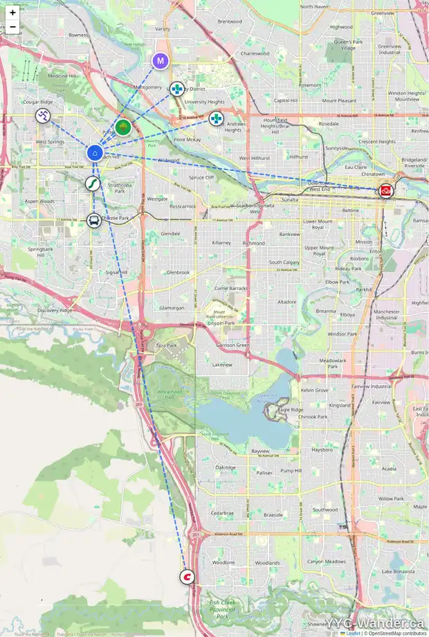 Daily accessibility map for 205 829 COACH BLUFF CR SW, Calgary showing nearby schools, grocery stores, parks, LRT stations and nearby amenities