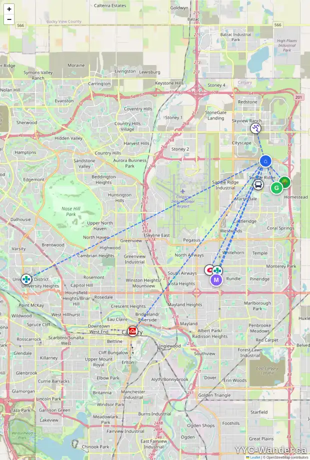 Daily accessibility map for 237 SADDLECREST WY NE, Calgary showing nearby schools, grocery stores, parks, LRT stations and nearby amenities