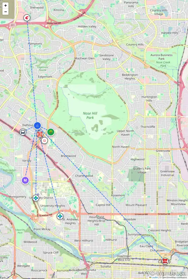 Daily accessibility map for 6040 DALGETTY DR NW, Calgary showing nearby schools, grocery stores, parks, LRT stations and nearby amenities