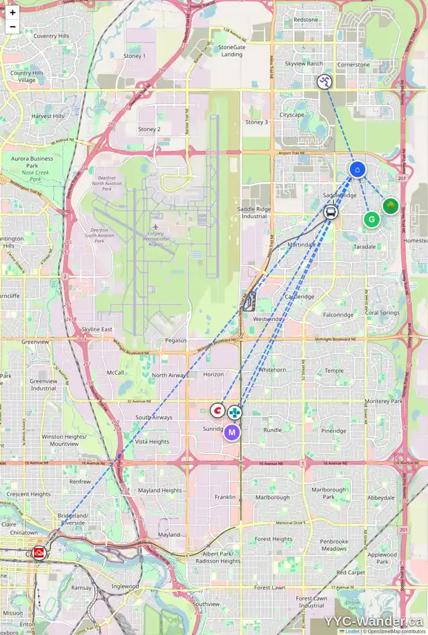 Daily accessibility map for 66 SADDLECREST TC NE, Calgary showing nearby schools, grocery stores, parks, LRT stations and nearby amenities