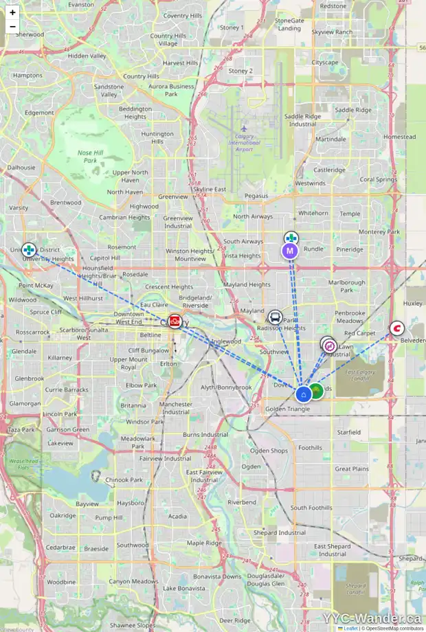 Daily accessibility map for 44 ERIN WOODS CO SE, Calgary showing nearby schools, grocery stores, parks, LRT stations and nearby amenities