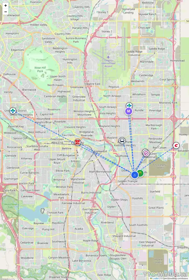 Daily accessibility map for 58 ERIN WOODS CO SE, Calgary showing nearby schools, grocery stores, parks, LRT stations and nearby amenities