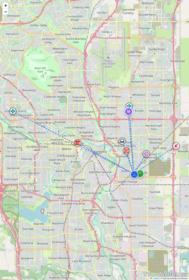 Daily accessibility map for 8 ERIN WOODS CO SE, Calgary showing nearby schools, grocery stores, parks, LRT stations and nearby amenities