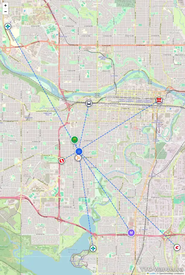 Daily accessibility map for 1931 30 AV SW, Calgary showing nearby schools, grocery stores, parks, LRT stations and nearby amenities