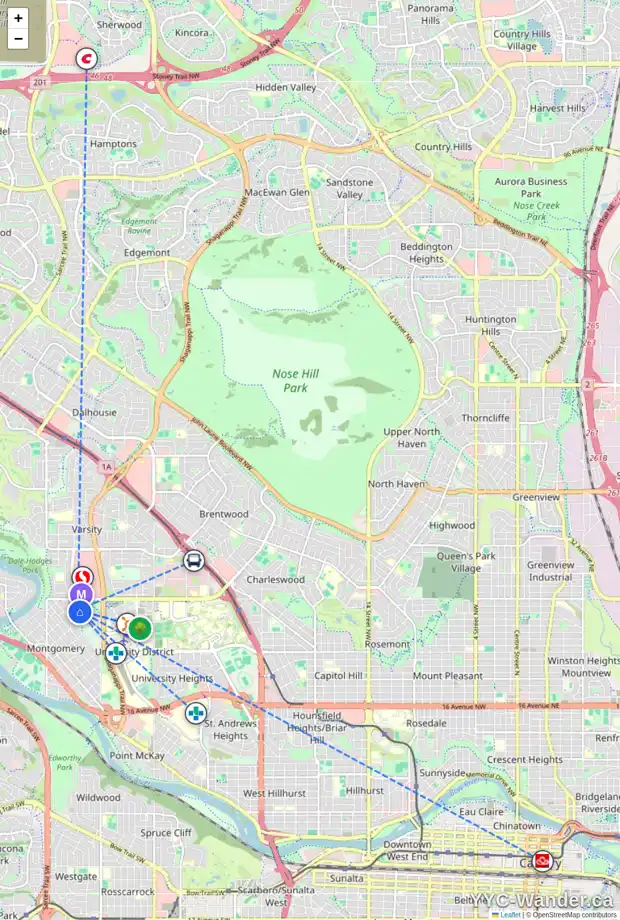 Daily accessibility map for 4751 MONTANA CR NW, Calgary showing nearby schools, grocery stores, parks, LRT stations and nearby amenities