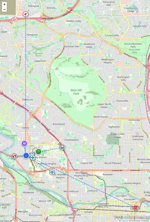 Daily accessibility map for 4707 23 AV NW, Calgary showing nearby schools, grocery stores, parks, LRT stations and nearby amenities