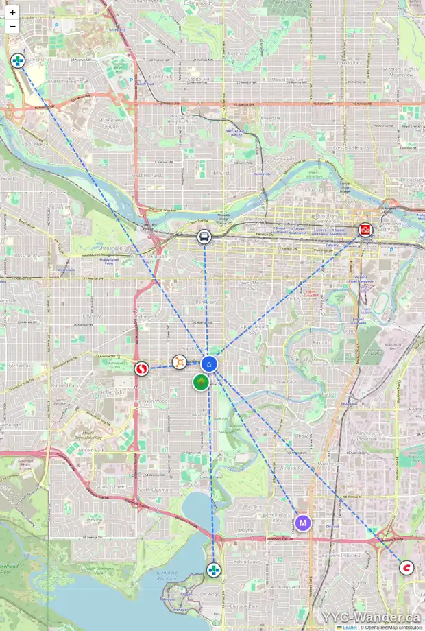 Daily accessibility map for 1629 33 AV SW, Calgary showing nearby schools, grocery stores, parks, LRT stations and nearby amenities