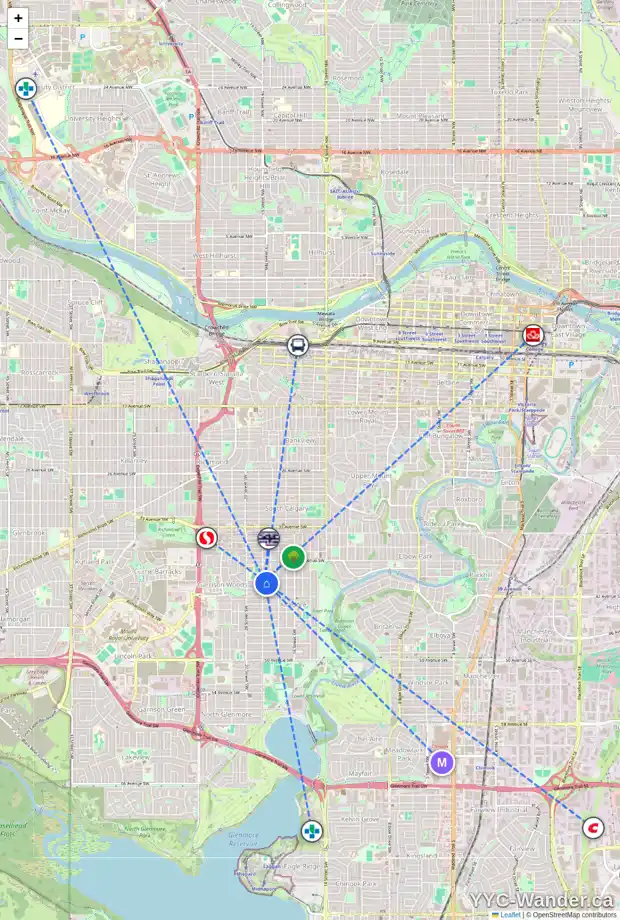 Daily accessibility map for 4110 19 ST SW, Calgary showing nearby schools, grocery stores, parks, LRT stations and nearby amenities