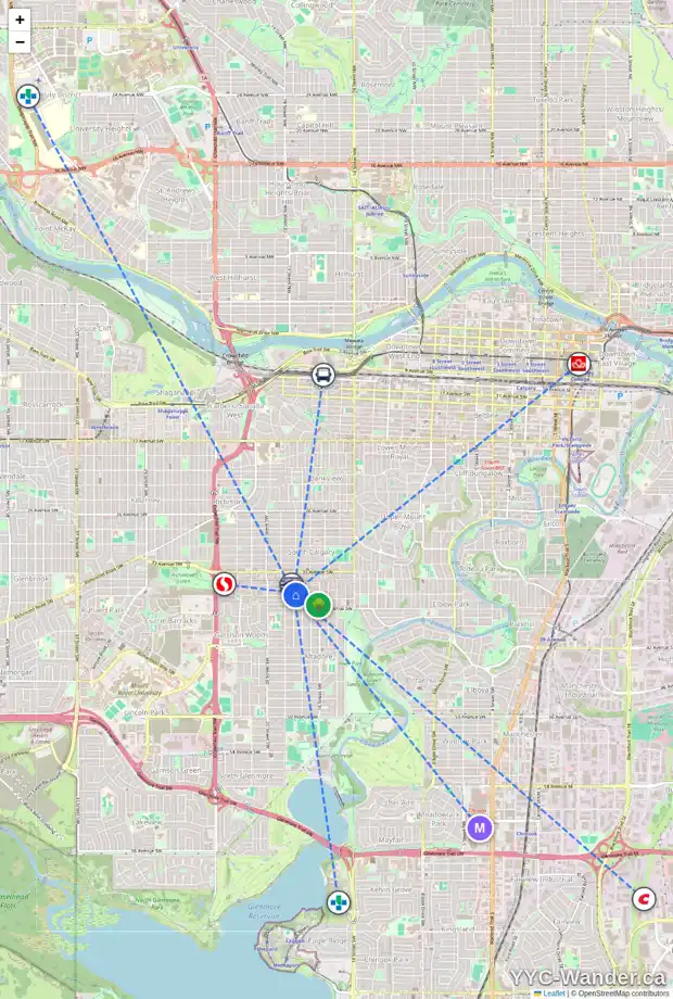 Daily accessibility map for 115 1909 36 AV SW, Calgary showing nearby schools, grocery stores, parks, LRT stations and nearby amenities