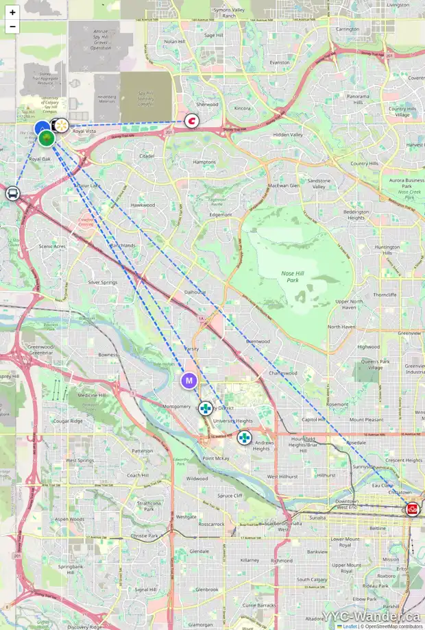 Daily accessibility map for 80 ROYAL OAK TC NW, Calgary showing nearby schools, grocery stores, parks, LRT stations and nearby amenities